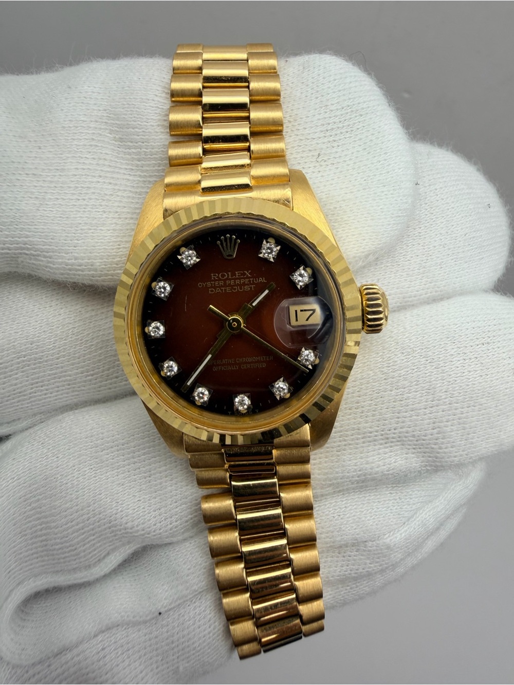 Ladies Rolex Datejust President Solid 18kt Gold Brown Aftermarket Diamond Dial - Picture 3 of 7